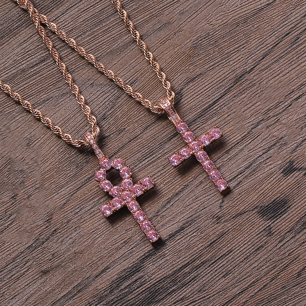 

CN219 Hip Hop pink Anha cross Pendant Brass Micro pave with CZ stones Necklace Jewelry for men and women