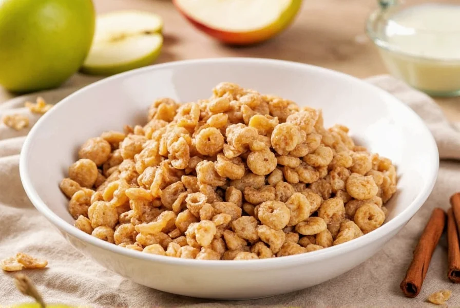 Homemade cinnamon apple cereal in glass bowl with fresh apple slices and cinnamon sprinkle on wooden table