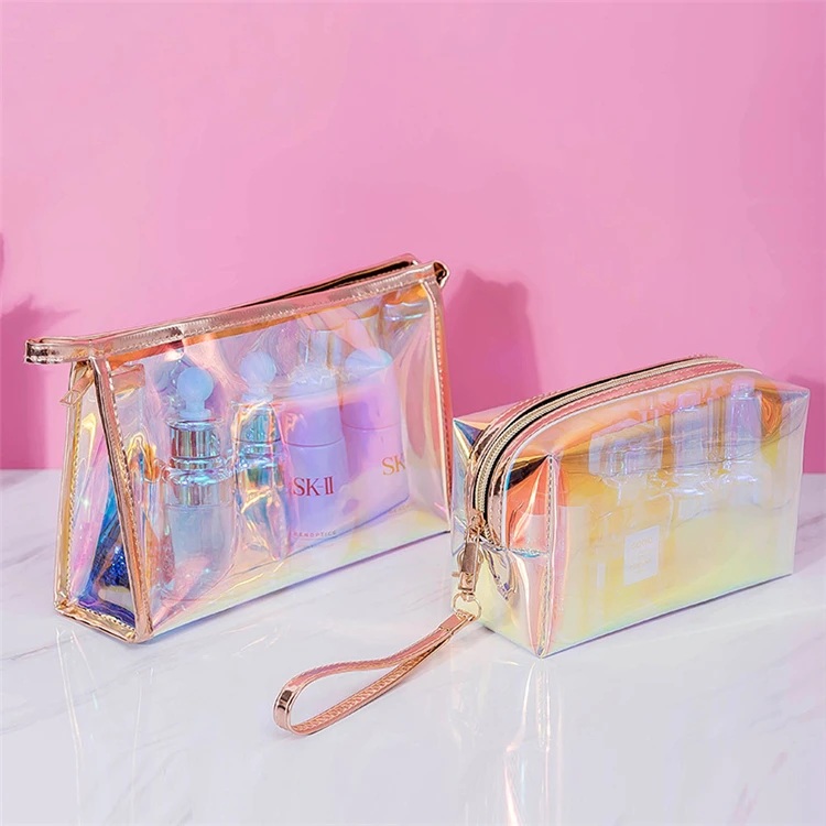 

Wholesale Vegan Holographic Transparent Custom Makeup Bag Cosmetic High Quality Clear Design Your Own Logo, As photos