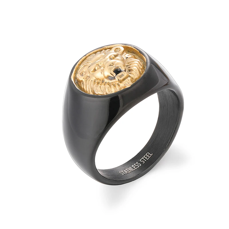 

JR0106 Distinguished black titanium steel ring 18K lion's head men's rings Jewelry