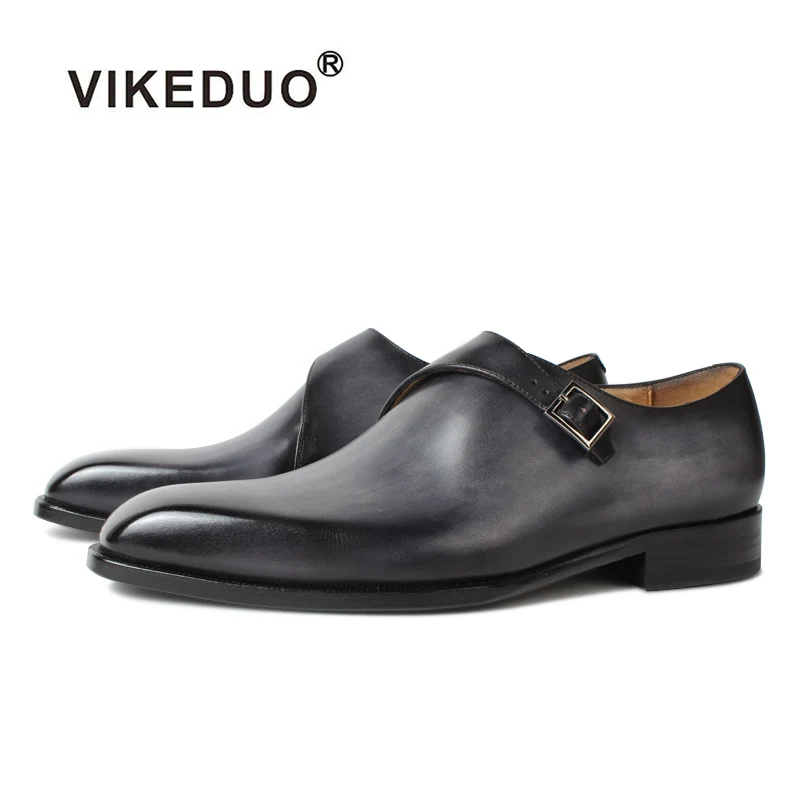 

Vikeduo Hand Made Dark Grey Single Buckle Monk Strap Custom Hand Stitched Men Leather Men's Formal Shoes