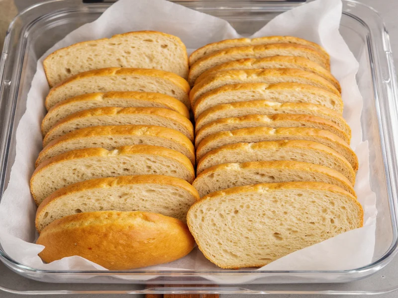 Sliced bread layered with parchment in freezer container