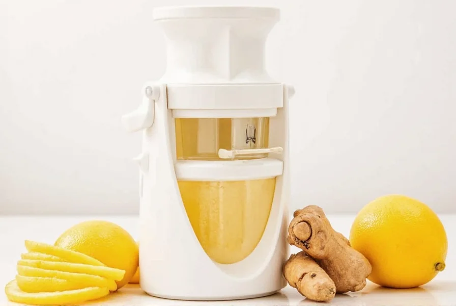 Close-up of stainless steel ginger press extracting juice from fresh ginger root