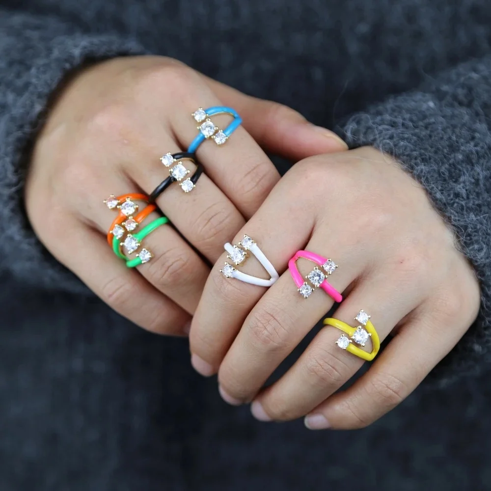 

Rainbow Zircon Fashion Women Jewelry Candy Ring Neon Enamel Colorful Finger Rings For Women Open Adjust Size