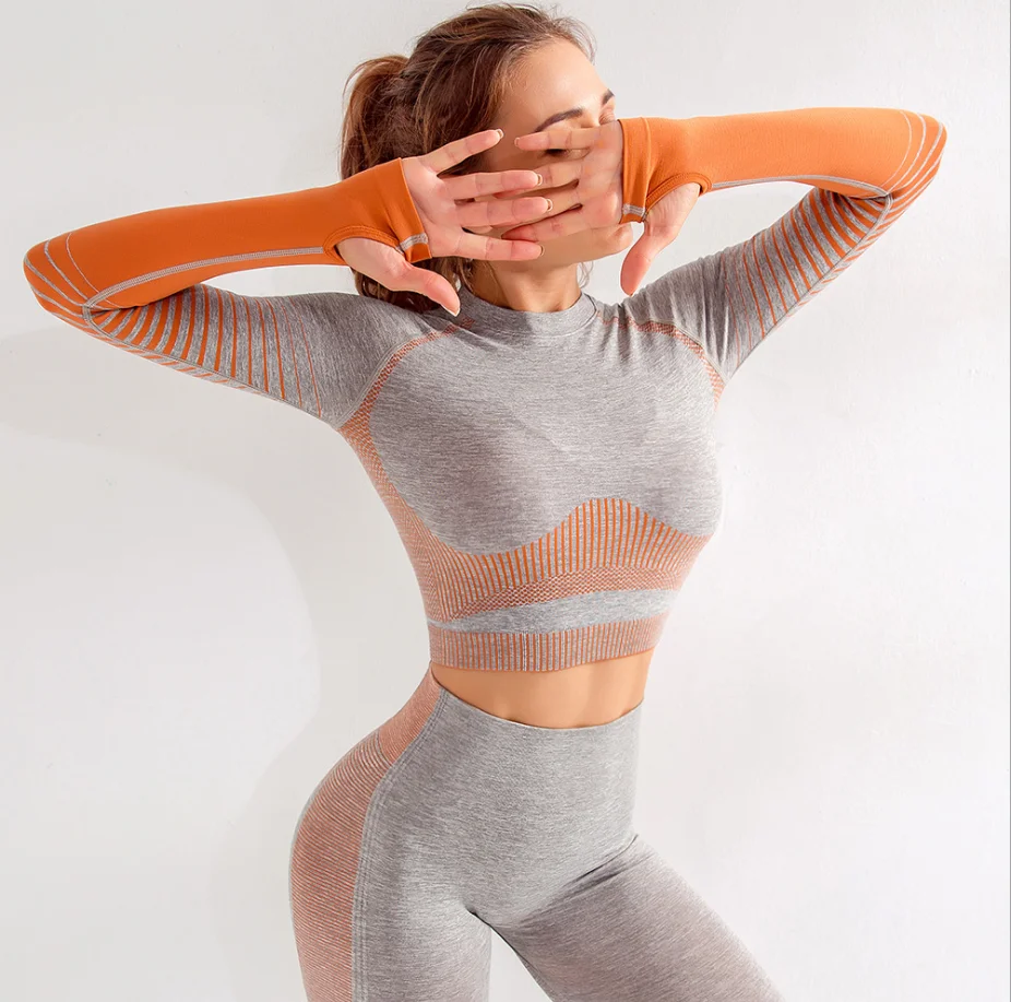 

aola dropship long sleeve womans gym wear tops for women, Orange/ pink/ gray