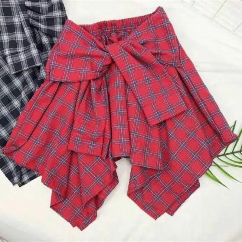 

Summer Nightclub Girl Irregular Skirt Fashion Vintage Streetwear High Waist Skirt Sexy Asymmetrical Bow Belt Plaid Mini Skirts