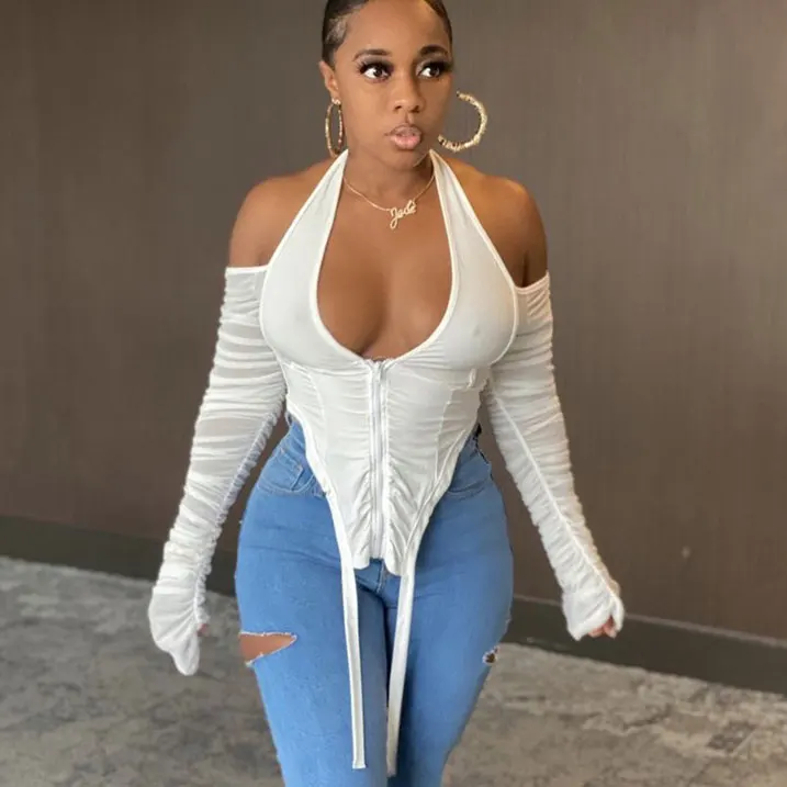

S3145A fall and winter backless mesh see-through long sleeve T-shirt top for women