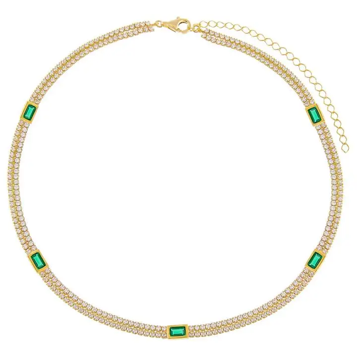 

Fashion european women jewelry double thin tennis chain rectangle birthstone choker necklace, Customized