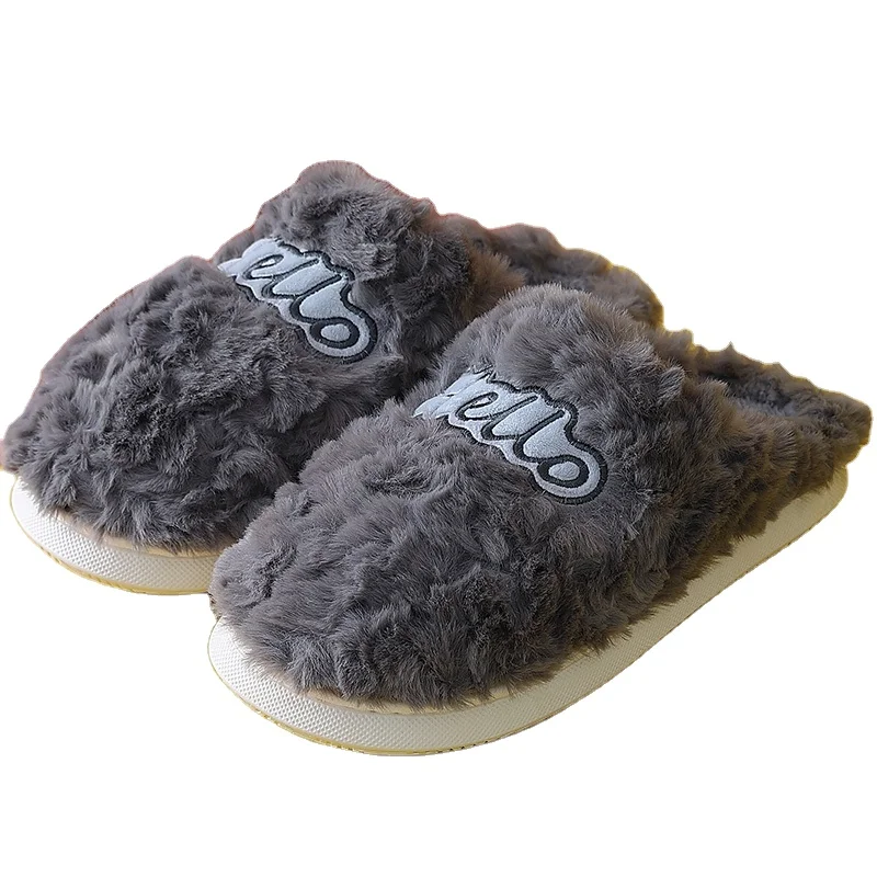 

Cotton Plush Wool Indoor Slides Ladies Winter House Fluffy Soft Snow Shoes Couple Slippers, Solid color