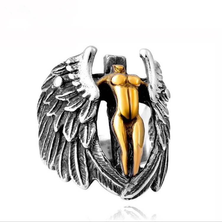 

Punk Men's Titanium Ring Retro Angel Wings Cross Rings for Men Vintage Anel Anillos Viking Jewelry Gift