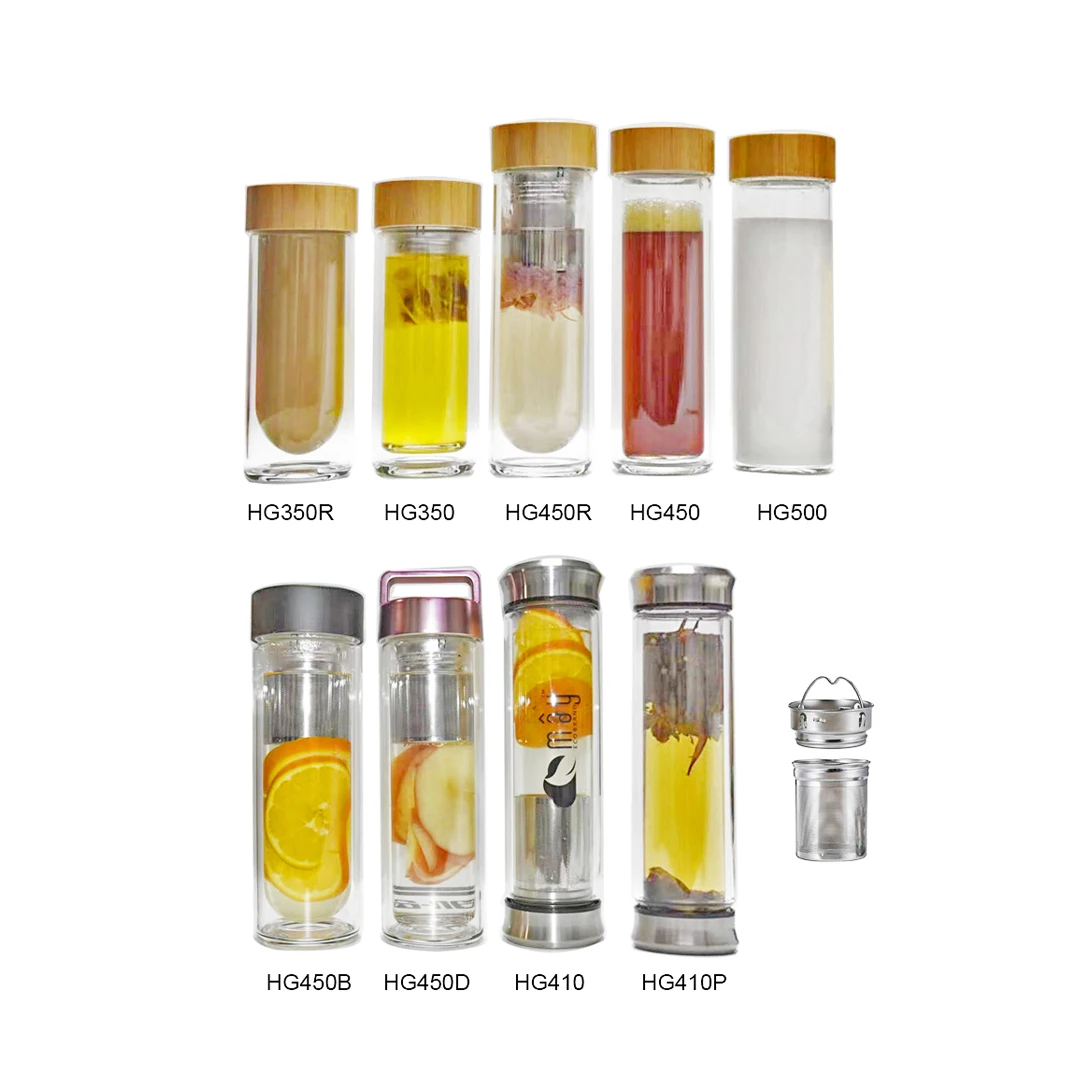 

450ml 16oz BPA free double walled glass water bottle with bamboo lid fruit infuser