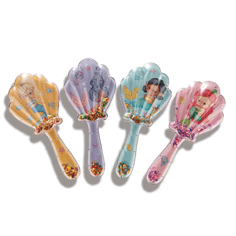 

New Arrival Cartoon Confetti Customize Hairbrush Glitter Shell Shape Lovely Hairbrush Transparent Mermaid Detangling Hair Brush, Customized color