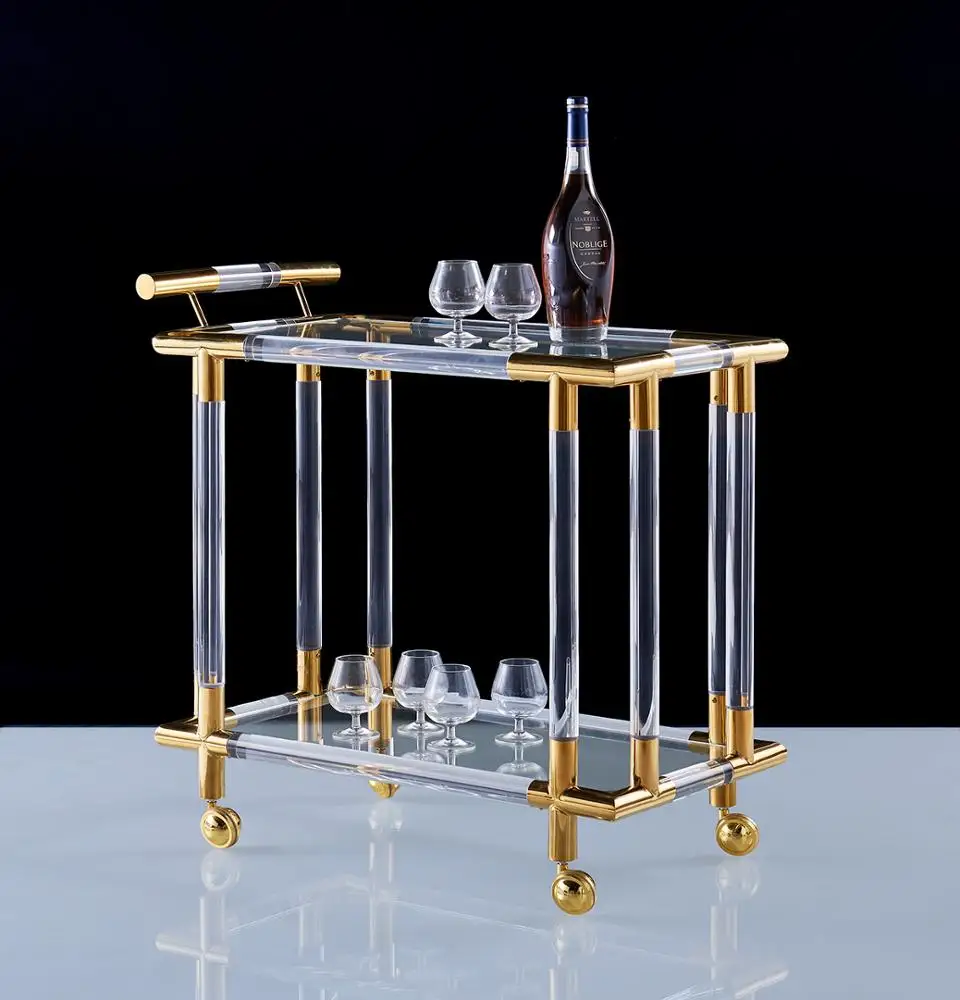 
Gold metal classic bar cart, two-tier hotel tea trolley liquor trolley with wheels luxury hotel furniture 