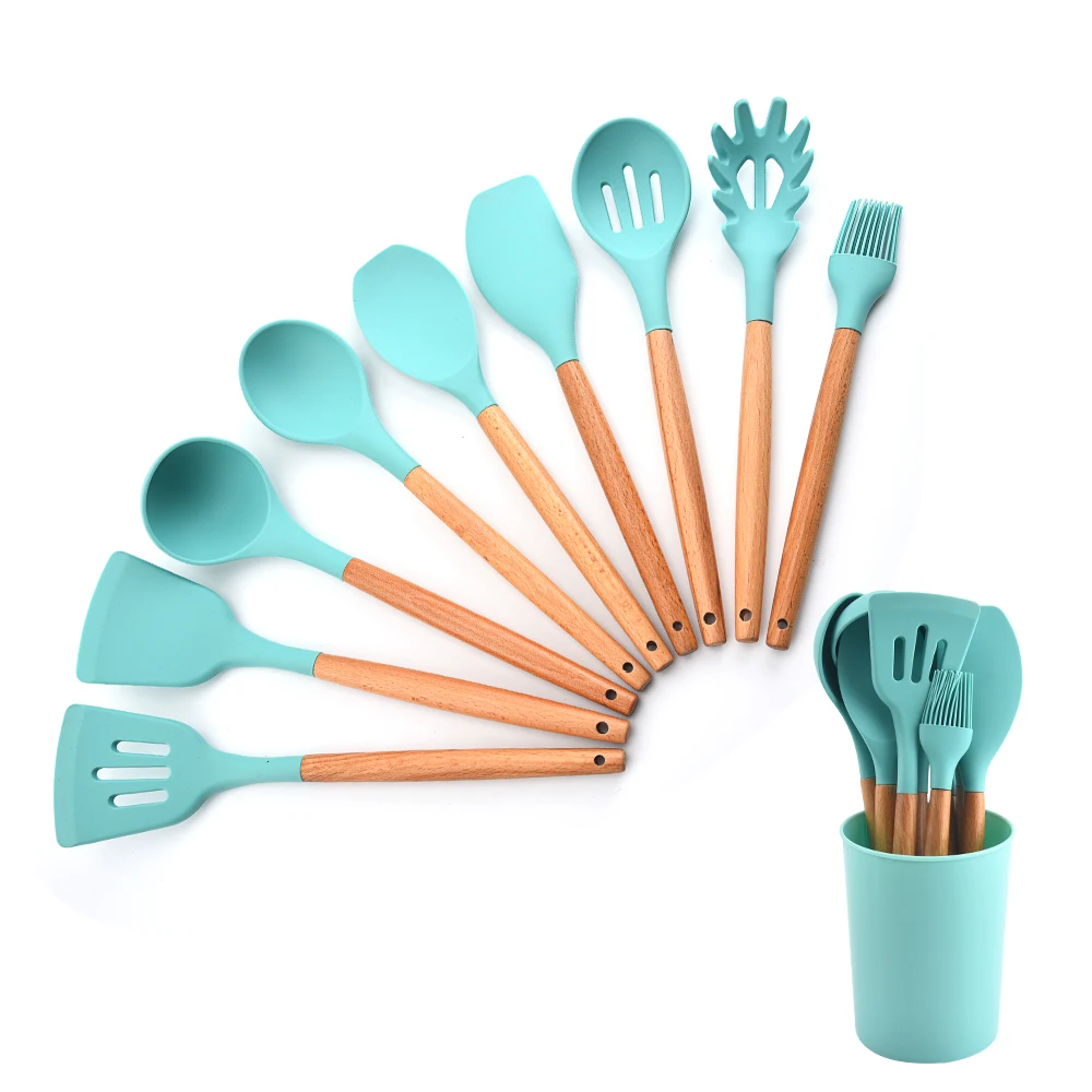 

Heat Resistant Silicone Cooking Tools Utensils Kitchen Utensil Set Wooden Handle Cookware, 3 colors