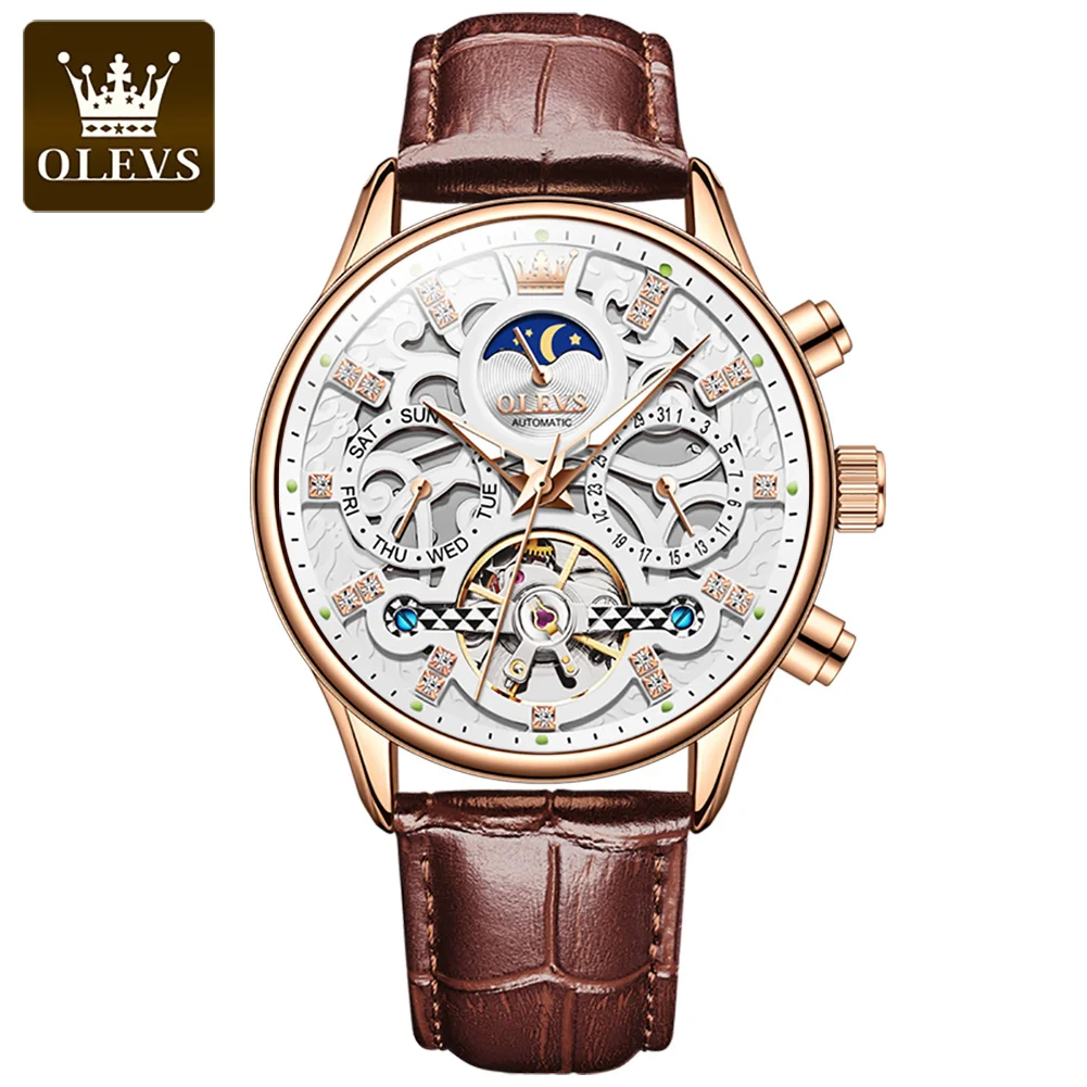 

Olevs 6658 colorful waterproof custom brand design Genuine Leather tourbillon watches luxury skeleton men wrist Mechanical watch