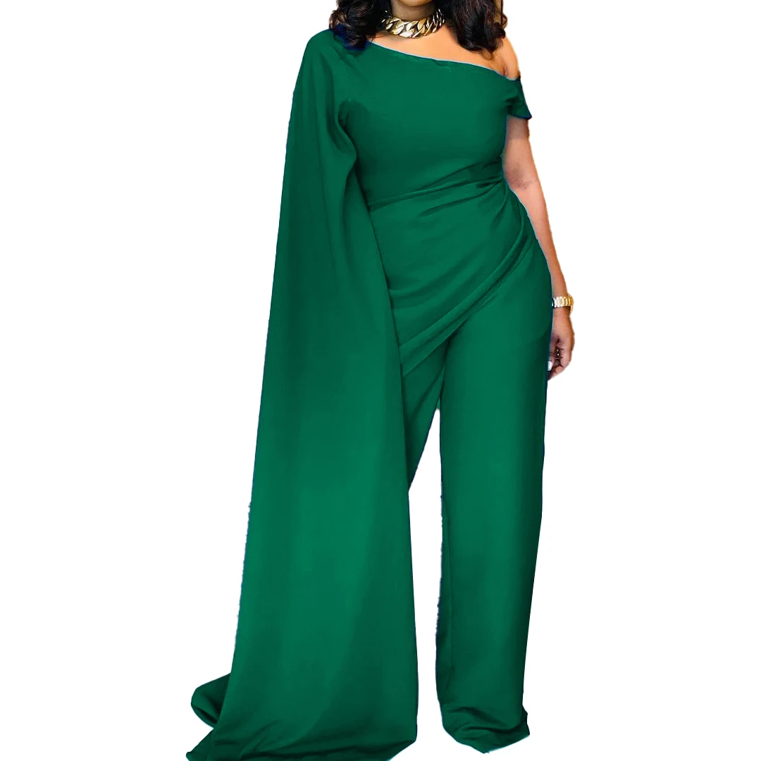 

C8424 2021 European and American women's casual high waist diagonal shoulder wide leg pants romper plus size African Jumpsuit
