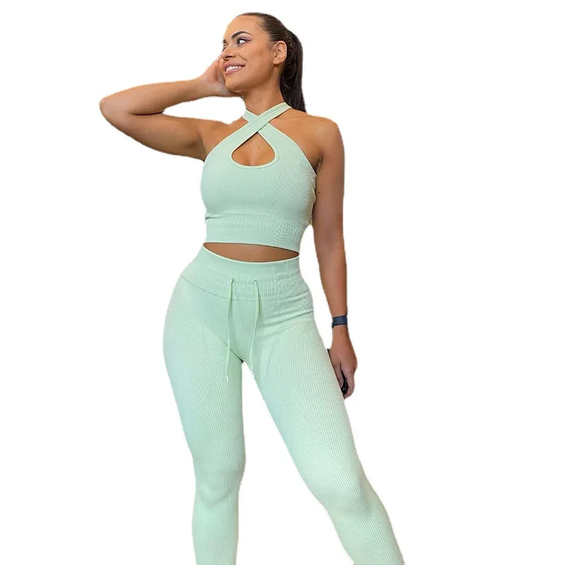

LW-S916991 Fitness sports halter big spandex ribbing women sleeveless yoga set