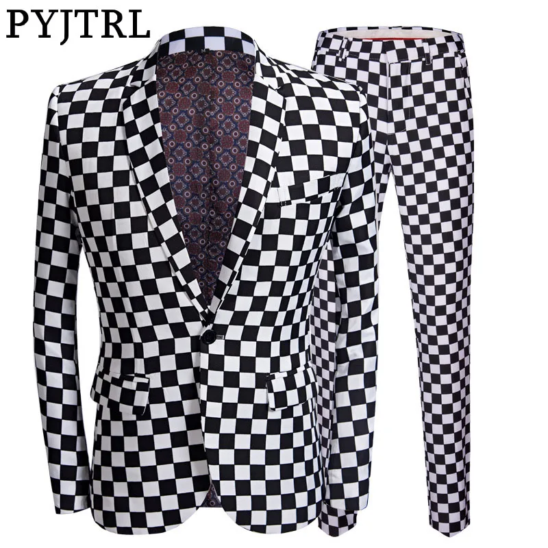 

PYJTRL Fashion Suit Men Black White Plaid Print 2 Pieces Set Latest Coat Pant Designs Wedding Stage Singer Slim Fit Costume