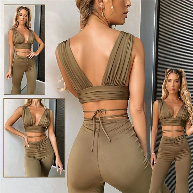 

2020 casual two piece pants set women v-neck lace up sleeveless crop top two piece set women clothing