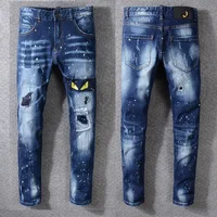 

New Italy Style #3314# Men's Distressed Monster's Yellow Eyes Embroidered Oiled Pants Blue Skinny Jeans Slim Trousers Size 29-40