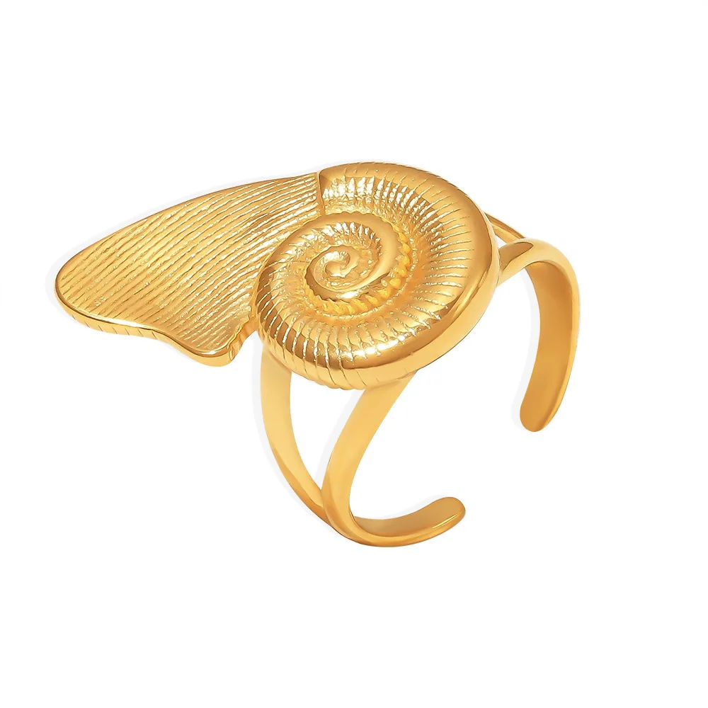 Fashion Stainless Steel Waterproof Jewelry 18k Gold Plated Snail TextureI Opening Women Ring Non Tarnish YF6016