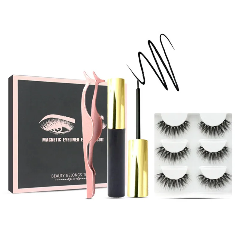 

Private label 5 magnets faux mink fluffy silk strip false eye lashes 3 pairs magnetic eyeliner lashes, Natural color