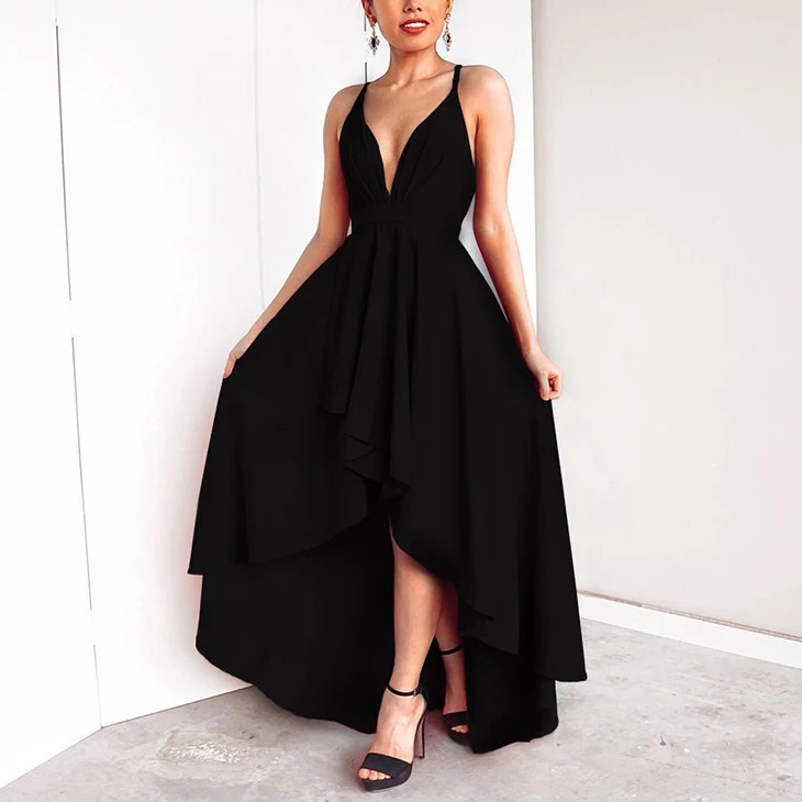 

2021 new fashion V-neck formal evening dress casual sling sexy elegant pure color ladies dress
