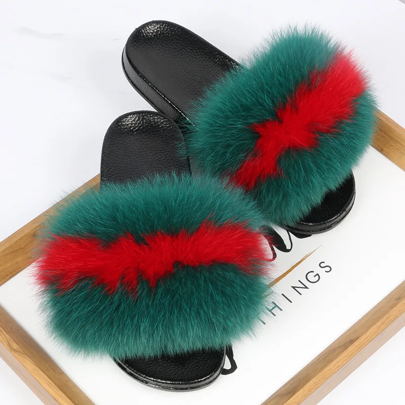

2020 New Design Fur Sandals Slides Slippers Real Fox Fur Slides High Quality Raccoon Shoes Fox Fluffy Fur Soft Sandals