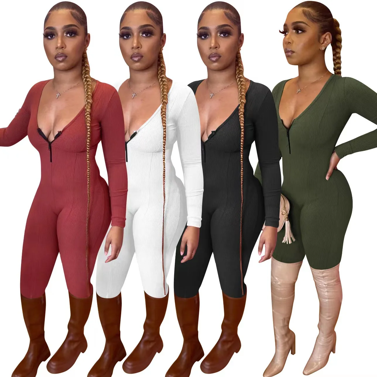 

2022 lady jumpsuit Pit knit tight-fitting solid color V neck long sleeve jumpsuit for women, Customized color/as show