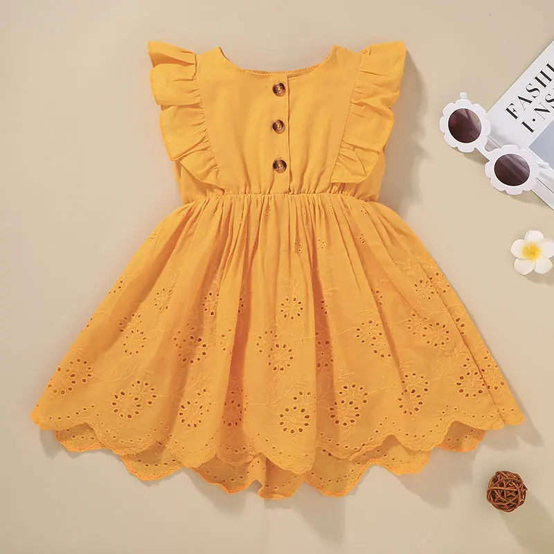 

2019 summer fly sleeved kids DENIM BLUE cotton dress floral vest dresses 0-6years, Yellow blue red