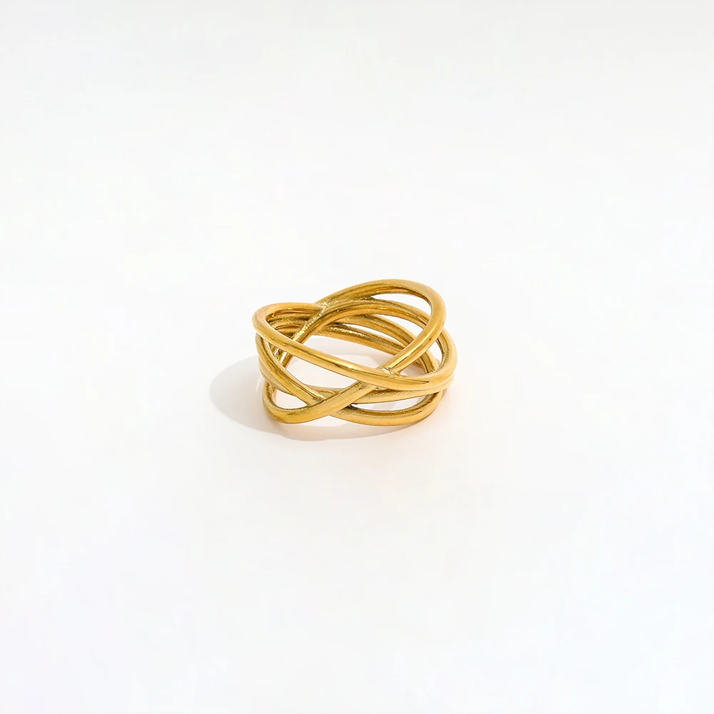 Tarnish Free High End 18K Gold Plated Multi- Layer Lines Cross Chunky Rings for Women Stainless Steel Jewelry