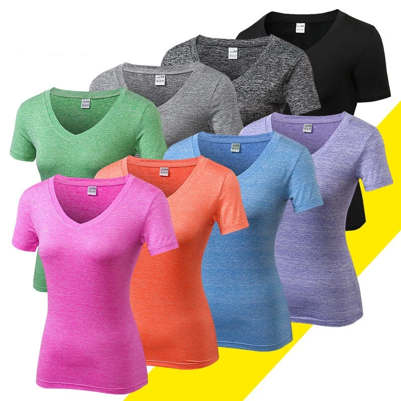 

2021 new polyester cotton multicolor women's V-neck sports T-shirt