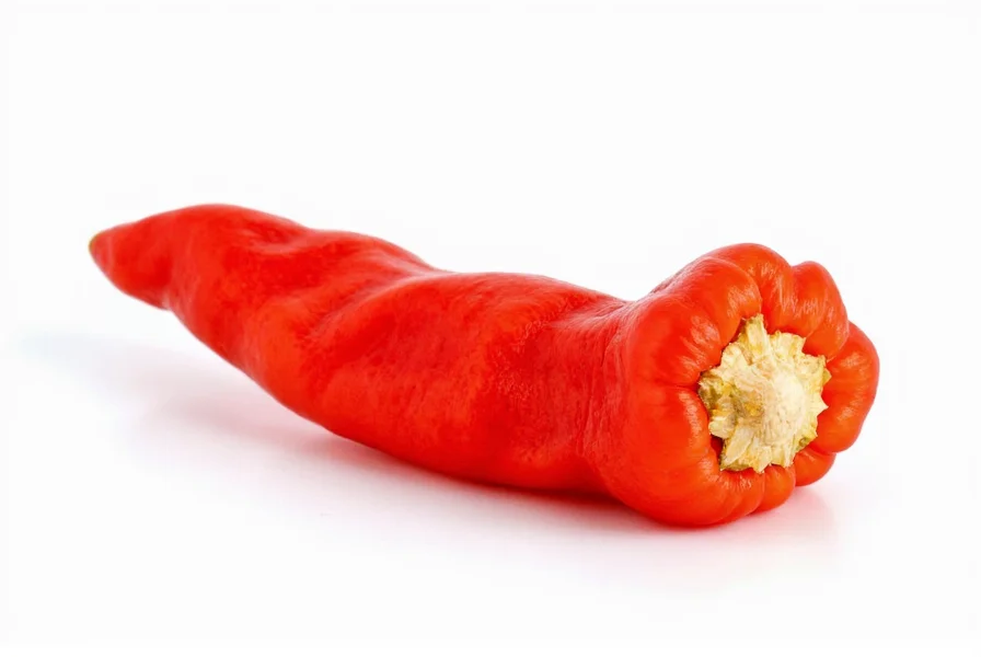 Close-up view of ghost pepper showing its wrinkled texture and vibrant red color against a white background