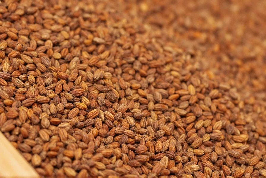 Close-up view of cumin seeds showing their distinctive ridged texture and warm brown color on a wooden spice rack