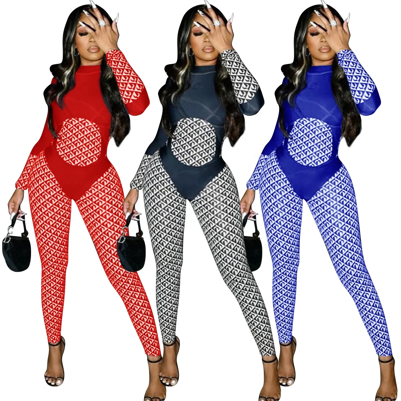 

LANOZY 2021 Autumn Sexy Bodycon Jumpsuit Nightclub Wear Mesh Patchwork Women One Piece Jumpsuit, Black,red,blue