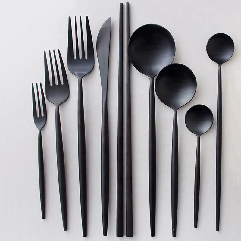 

Wholesale PVD Silverware Metal Matte Gold Black Cutlery Set Stainless Steel 304 Matte Black Flatware Sets