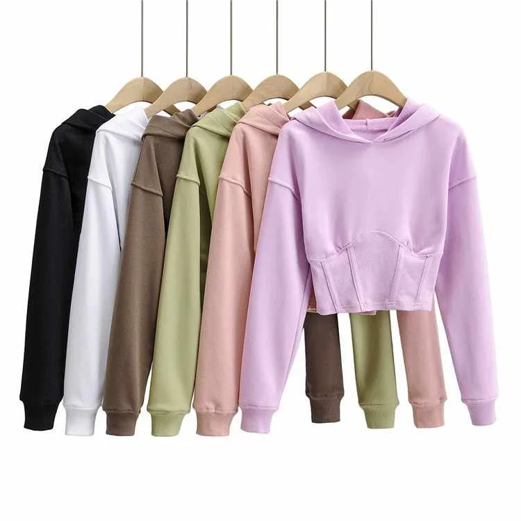 

Autumn Slim Slimming Ladies Crop Top Casual Solid Color Wild Waist Hooded Sweater Women Hoodie Sweatshirt, Customized color