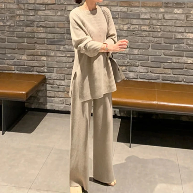 

S095 New 2021 custom made cashmere blended casual sweaters 2 pieces set women' s sweaters wide leg pants tracksuits set
