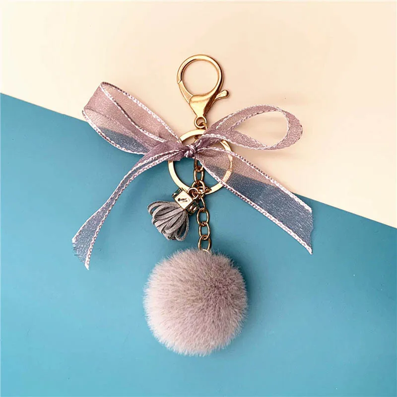 
Custom Cute Colorful Bow Lace Plush Pendant Fur Ball Pom Pom Bag Pendant Key Chain 
