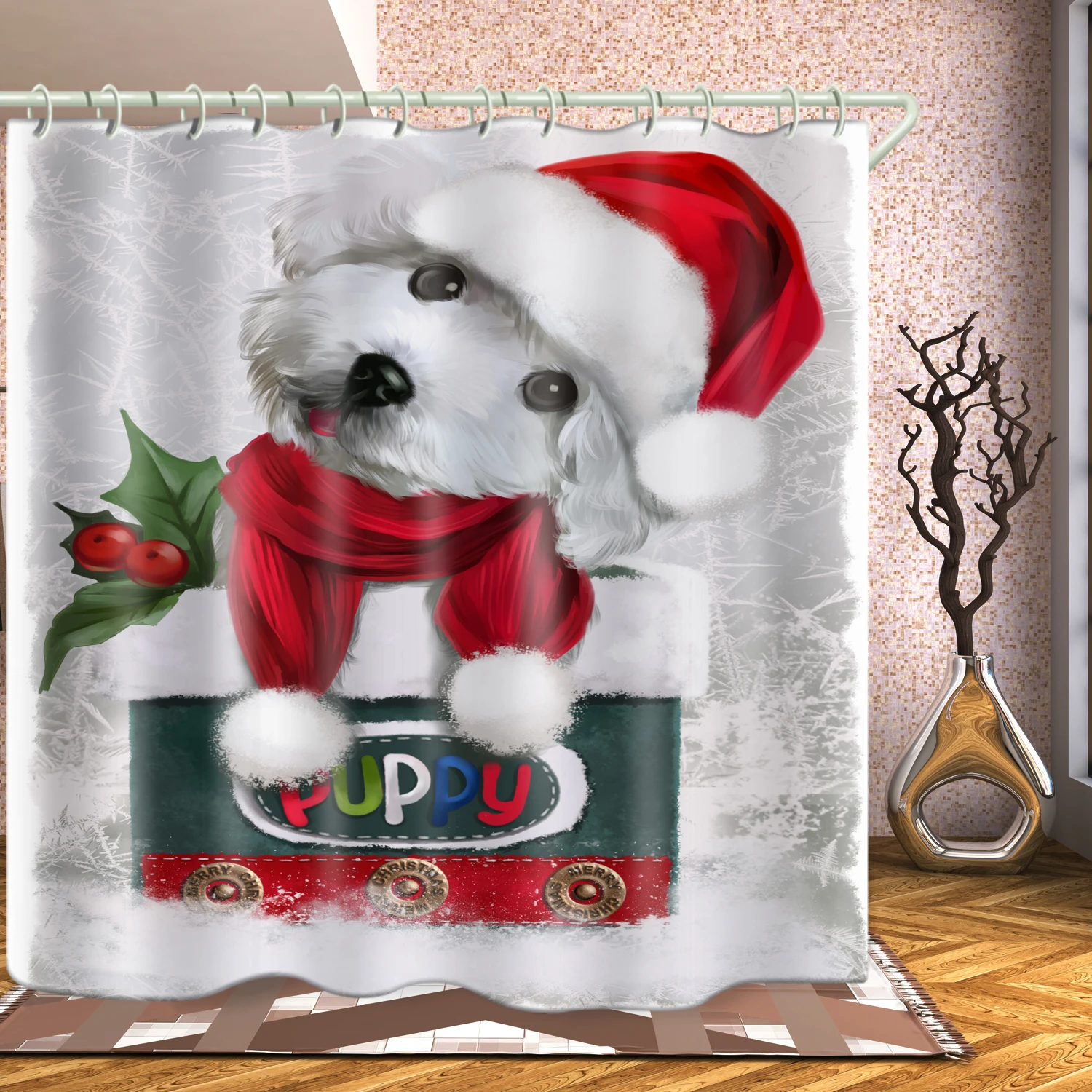

Christmas dog series bathroom decoration waterproof shower curtain anti-peeping curtain custom printing shower curtain, Picture