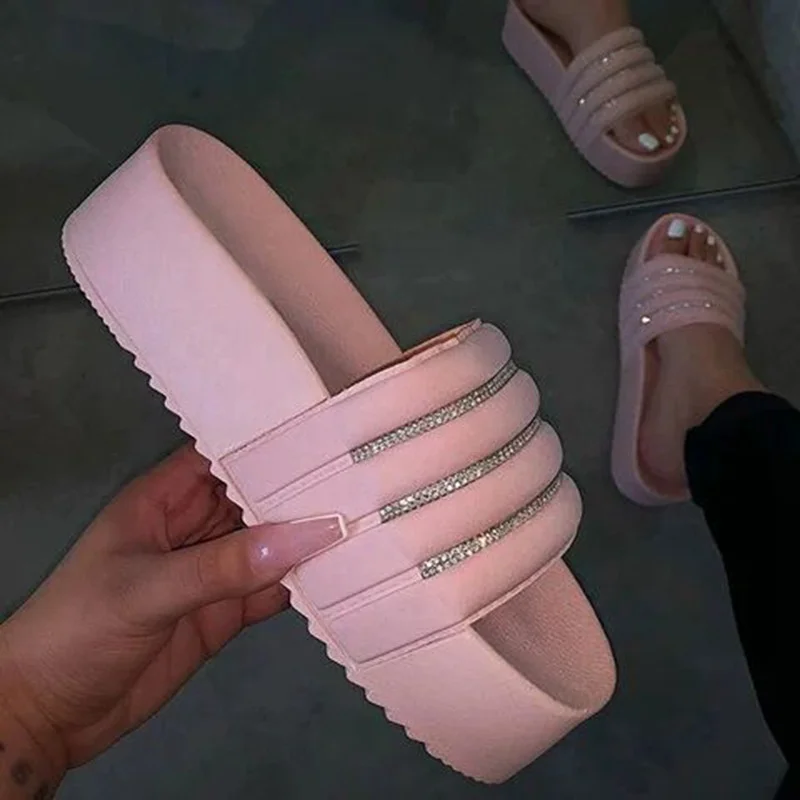 

Fashion Diamond Thick Sole Neon Green Pink Wholesale Shoes 2020 Sexy Platform Wedge Flat Slides Sandal Plus Size Beach Slippers, White black red pink /neon green