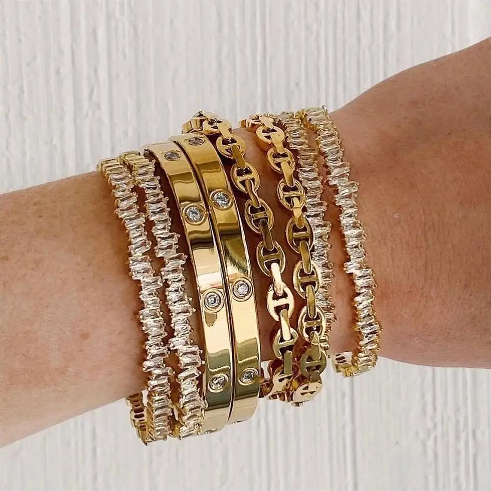 

18K Gold Plated Iced Out Diamond Wedding Bracelet Jewelry Adjustable Cubic Zirconia Baguette Cuff Bangle Bracelets
