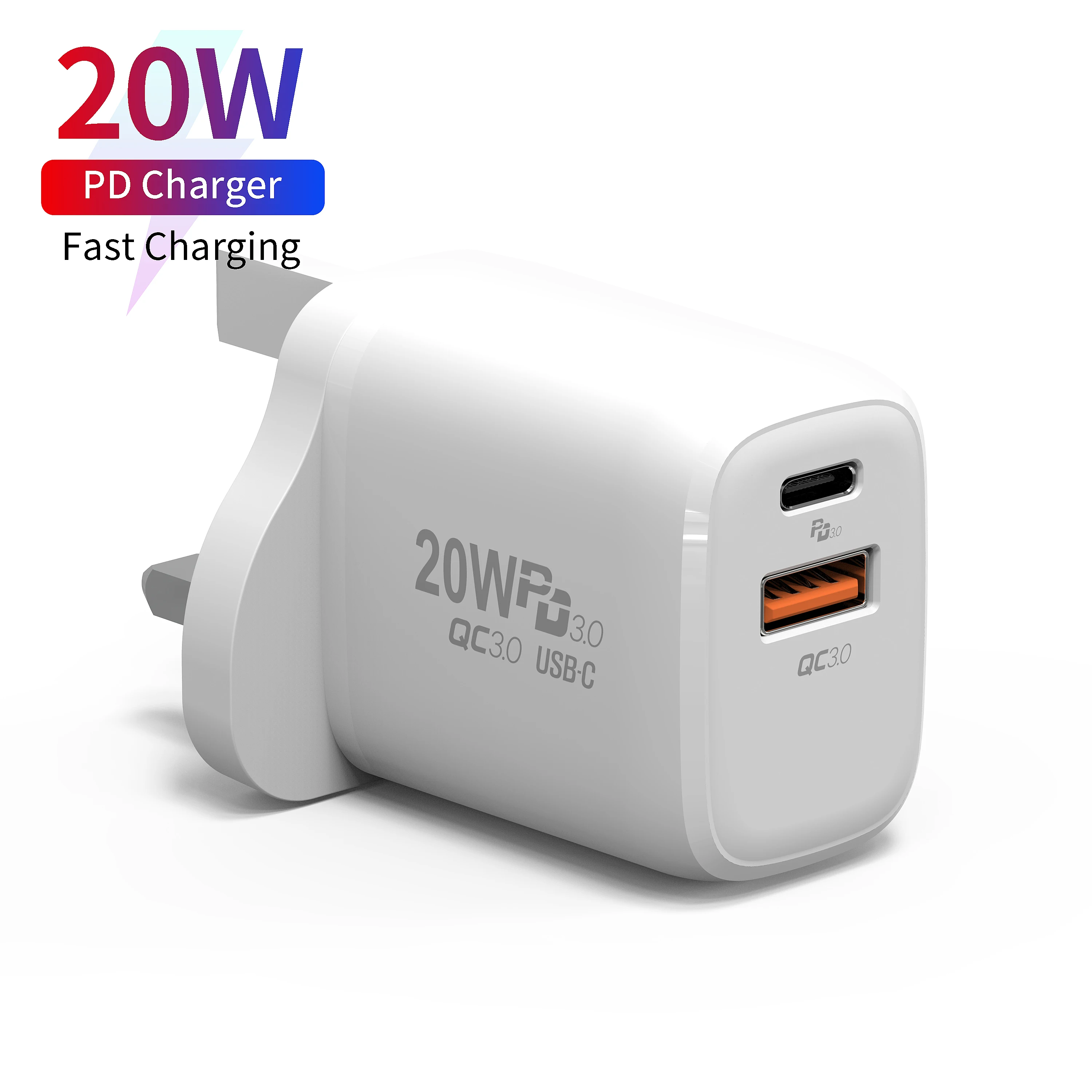 

high quality UK plug wall pd charger with 2usb ports 20w usb type c cable 3a fast charging power supply adapter, White black