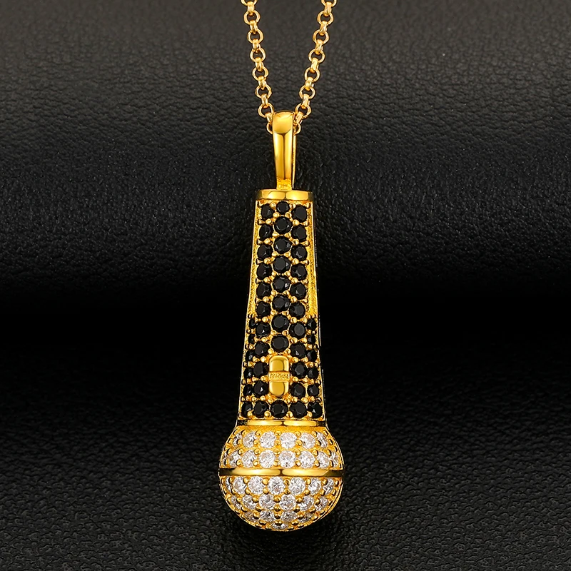 

Unique Microphone Design Pendant Jewelry 14K Gold Plated 925 Sterling Silver VVS D Color Moissanite Iced Out Necklace