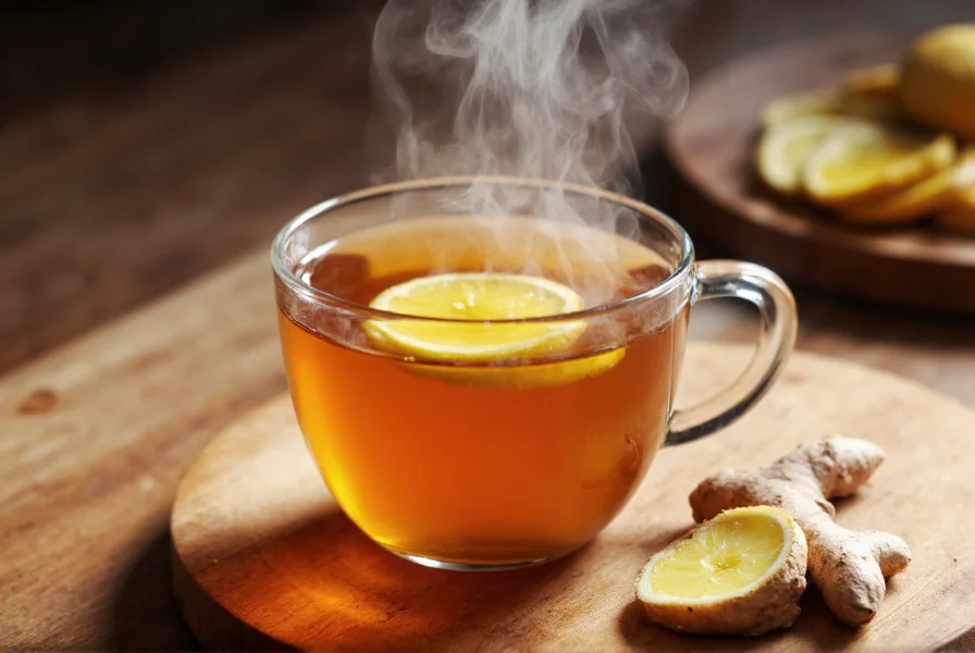 Steaming cup of golden ginger tea with fresh ginger slices on wooden table