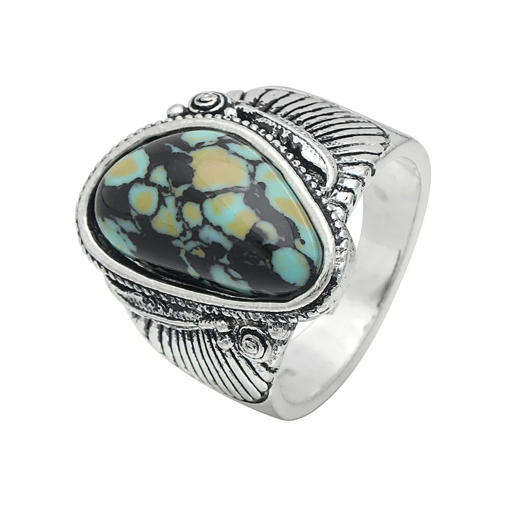 

Hot Sale Vintage Men Women Ring Large Natural Gemstone Ring Wedding Engagement Band Fine Jewelry Turquoise Feather Ring, Picture shows