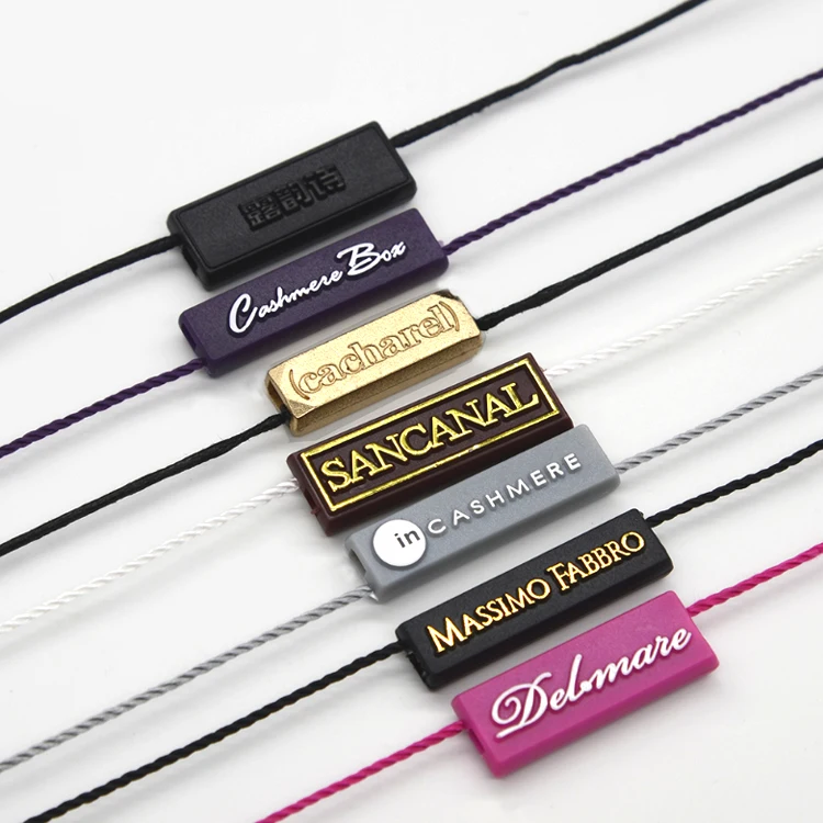 

New Design Custom Embossed Brand Name Logo Plastic Garment Swing Seal Tags with Nylon String, Custom color