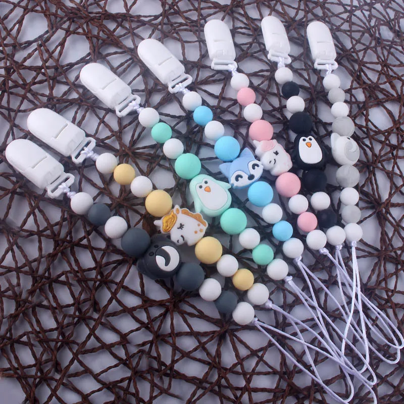 

Cartoon Animals Unicorn Baby Pacifier Chain Clip Silicone Chewable Nursing Silicone Beads Infant Teething Safely Shower Gift