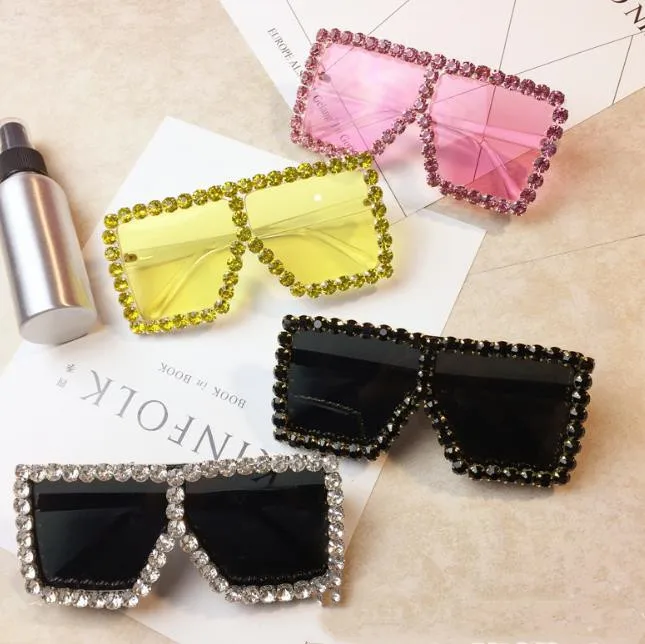 

2021 Free Logo Squared Transparent Rhinestone Sunglasses metal Frame Women Oversize Men Diamond Glasses clear shades for women, Mix color or custom colors
