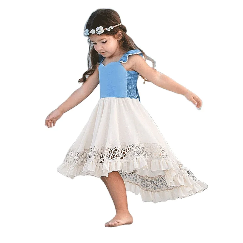 

wholesale children's boutique clothing short sleeve sweet dress blue cute girls dress, Picture